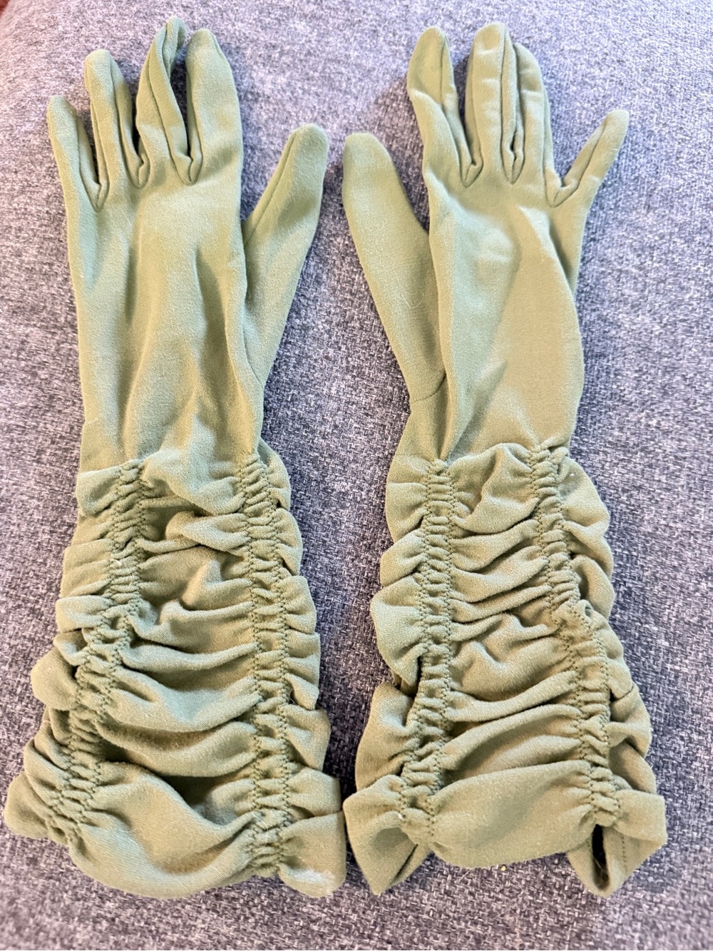 Vintage Sage Olive Green Ruched Opera Gloves Long Gathered Wrist Stretch 12.5"